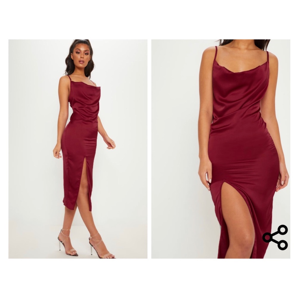 PLT Burgundy Strappy Satin Cowl Midi Dress